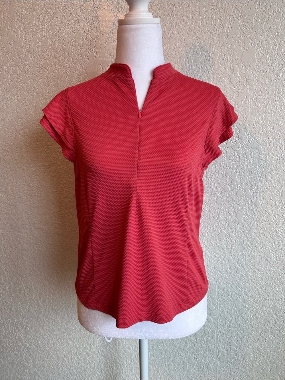 Calia by Carrie Underwood Coral Red Textured Half Zip Flutter Sleeve Top Small